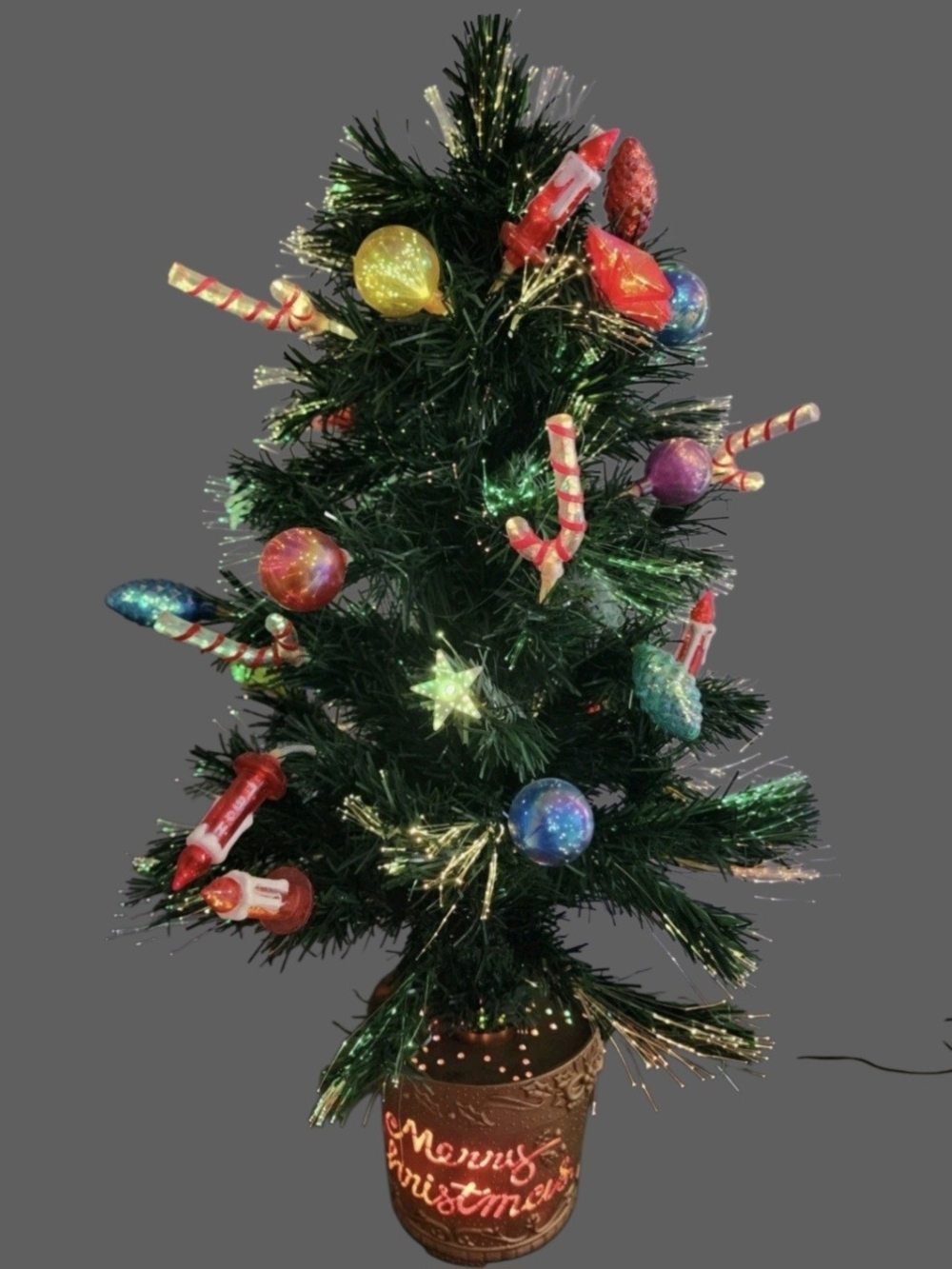 Vintage Fiber Optic Christmas Tree with Multicolor Ornaments